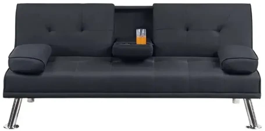 Gary Convertible Sofa with Fold-Down Table, Metal Legs, Black Fabric