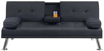Gary Convertible Sofa with Fold-Down Table, Metal Legs, Black Fabric