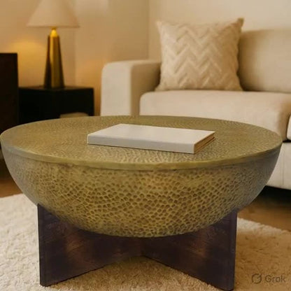 Arden Coffee Table | Round Hammered Metal Top | Mango Wood Base| Antique Brass