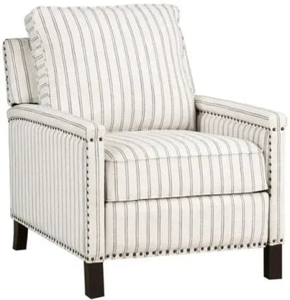 Claire 34 Inch Accent Chair, Push Recliner, Beige Gray Polyester Pinstripes