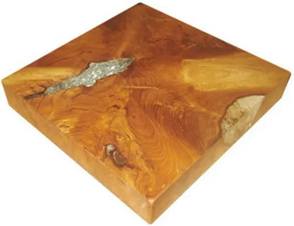 11 Inch Tabletop Platform, Resin Details, Square, Natural Brown Teak Wood
