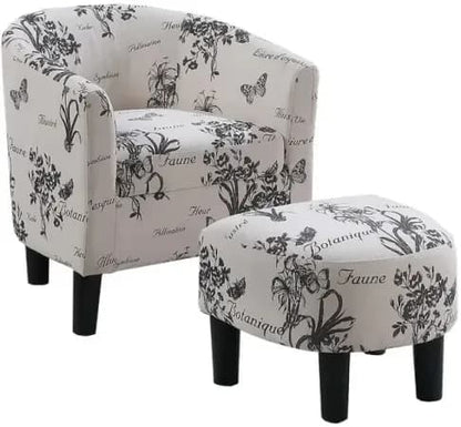 Beua 2pc Accent Chair and Ottoman Set, Black Faux Leather, Foam Cushions