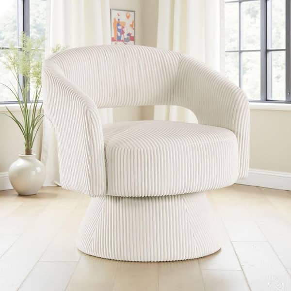Rayne Swivel Accent Chair, Ivory Corduroy, Round Metal Swivel Base
