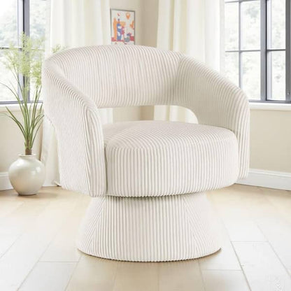 Rayne Swivel Accent Chair, Ivory Corduroy, Round Metal Swivel Base