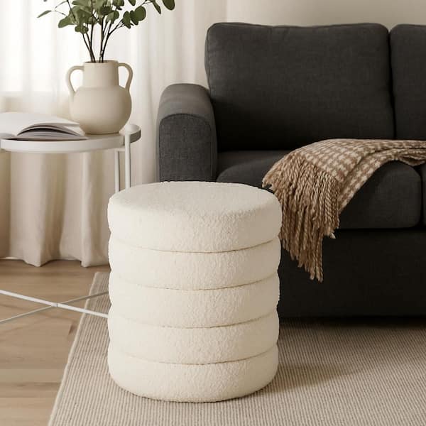 Accent Ottoman, 17 Inch, Ivory Boucle Upholstery, Round Stacked Design