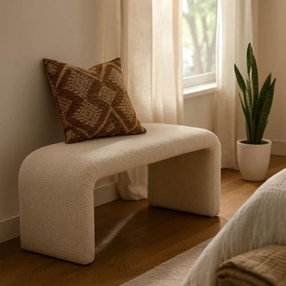 Accent Bench, C Shaped Design Ivory Boucle Upholstery, 44 Inch