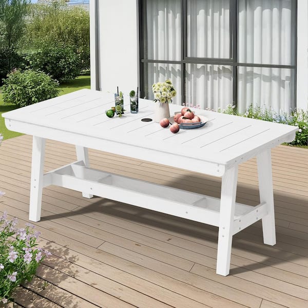 Indoor/Outdoor Dining Table, 69 Inch Brown Rectangular Wood Top, White