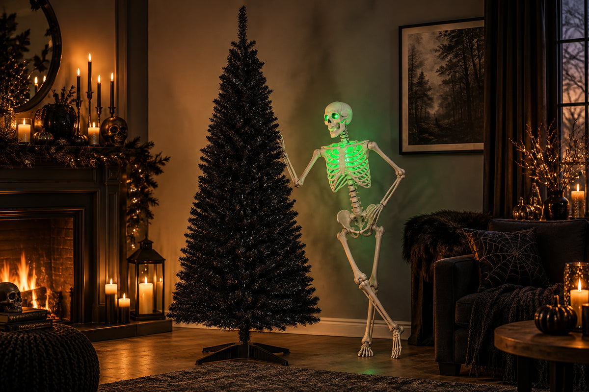 Spooky Season - black Christmas tree with skeleton