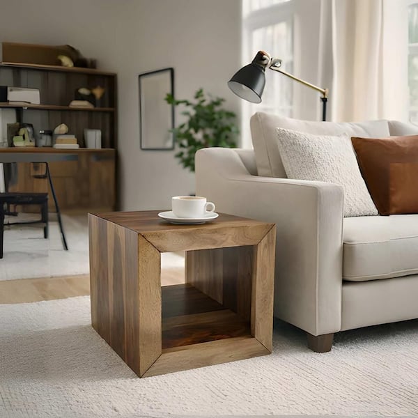 Cube Shape Rosewood Side Table With Cutout Bottom, Brown