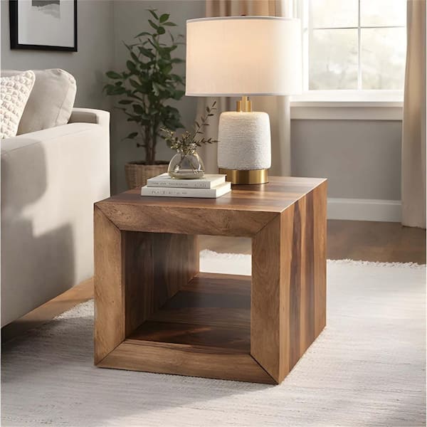 Cube Shape Rosewood Side Table With Cutout Bottom, Brown
