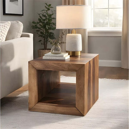 Cube Shape Rosewood Side Table With Cutout Bottom, Brown