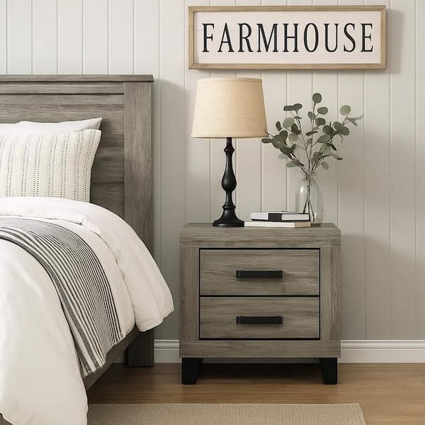 Rachy Nightstand, 2 Drawers with Black Metal Handles, Farmhouse Light Gray