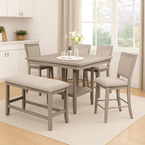 Filu Counter Height Chair Set of 2, White Oak Wood, Light Gray Fabric