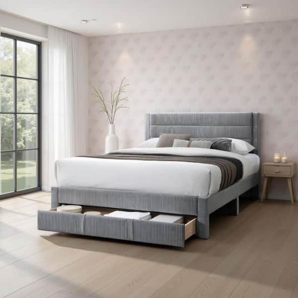Heo Queen Size Bed w Storage Drawer, Light Gray Corduroy Upholstery