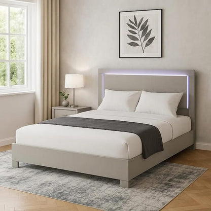 Suni Queen Size Bed w LED Headboard, Light Taupe Gray Wood Frame