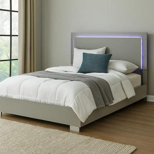 Suni Queen Size Bed w LED Headboard, Light Taupe Gray Wood Frame