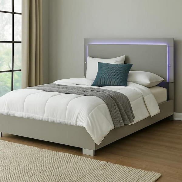 Suni Queen Size Bed w LED on Headboard, White Wood Frame, Chrome Legs