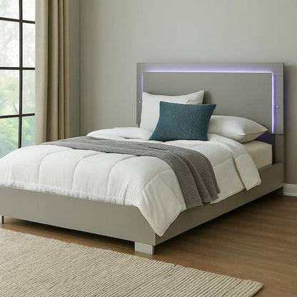 Suni Queen Size Bed w LED on Headboard, White Wood Frame, Chrome Legs
