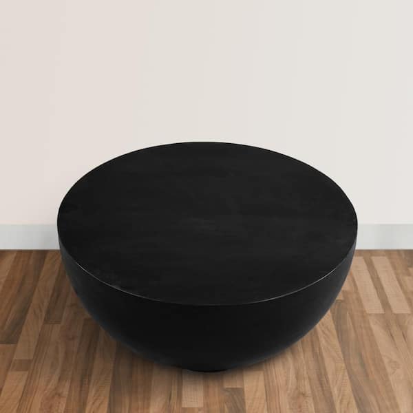 30 Inch Modern Art Coffee Table, Round Drum Shape, Solid Mango Wood, Matte Black