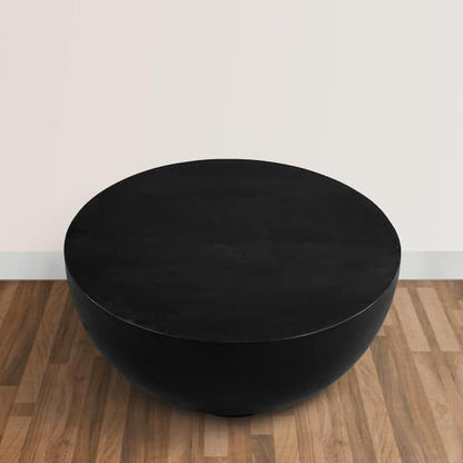 30 Inch Modern Art Coffee Table, Round Drum Shape, Solid Mango Wood, Matte Black