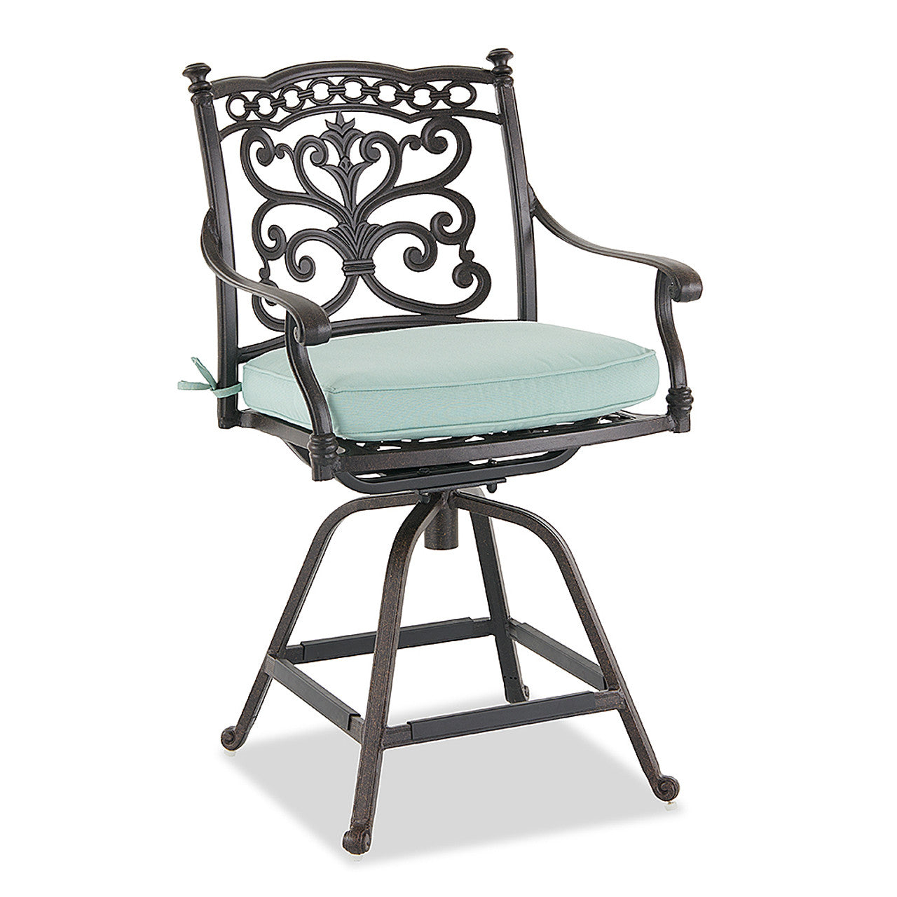 Outdoor Swivel Bar Height Chair, Ornate Bronze Aluminum Flared Base