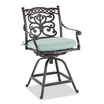 Outdoor Swivel Bar Height Chair, Ornate Bronze Aluminum Flared Base