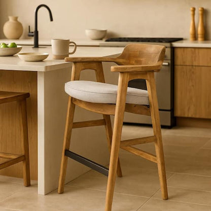 Zsy Barstool Chair w Curved Back, Natural Brown Birch Wood, Anew Gray