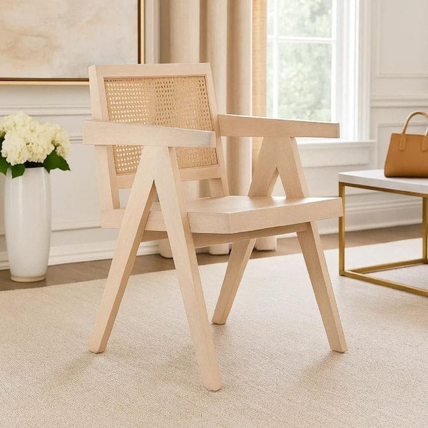 Kato Dining Armchair, Cane Backrest, 24 Inch, Natural Brown Solid Mango Wood