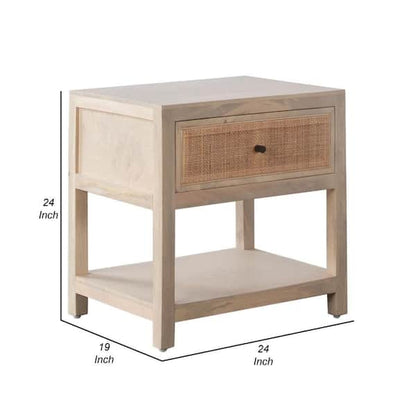 Sley Side End Table, Rattan Woven, Natural Brown Mango Wood 24 Inch