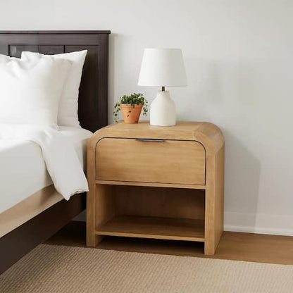 Rexa Nightstand with 1 Drawer, Metal Finger Pulls, Natural Oak Brown