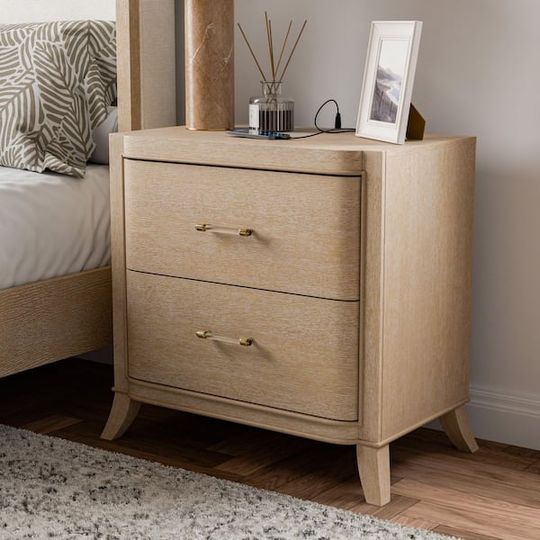 Fea Nightstand with USB Ports, 2 Drawers, Natural Oak Brown