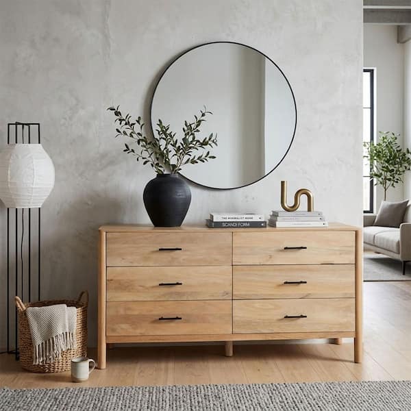 Geti 6 Drawers, 66 Inch Wide Dresser, Handcrafted Natural Oak White Mango Wood, Black Handles