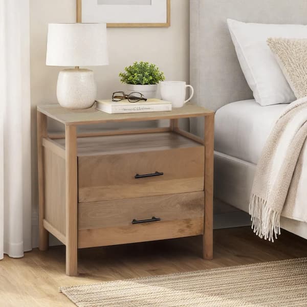 Geti 29 Inch Bedside Nightstand Table, Handcrafted Natural Oak White Mango Wood, 2 Drawer, Open Shelf