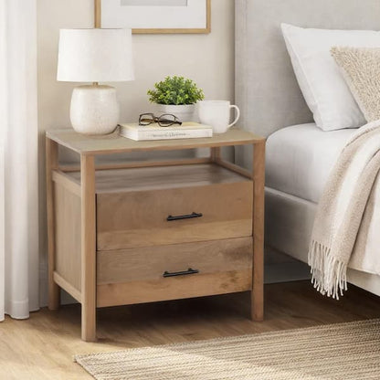 Geti 29 Inch Bedside Nightstand Table, Handcrafted Natural Oak White Mango Wood, 2 Drawer, Open Shelf