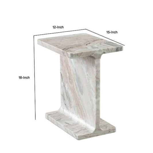Isy Accent End Table, 15 Inch Natural Tan Brown I-Beam Shaped Marble