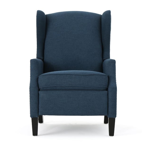 Manual Recliner Chair, Wingback and Nailhead Trim, Navy Blue Polyester