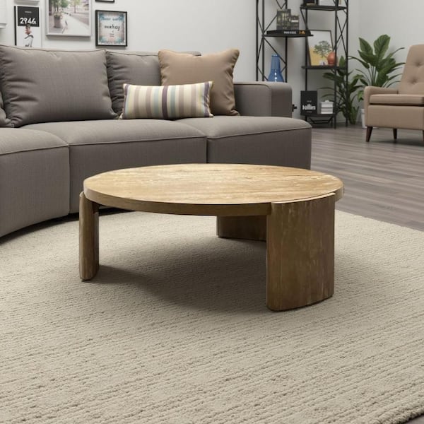 Timore Cocktail Coffee Table, Round 42 Inch Oak Brown Wood Top, Plinth Base