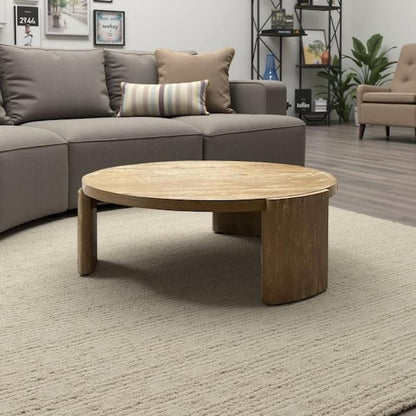 Timore Cocktail Coffee Table, Round 42 Inch Oak Brown Wood Top, Plinth Base