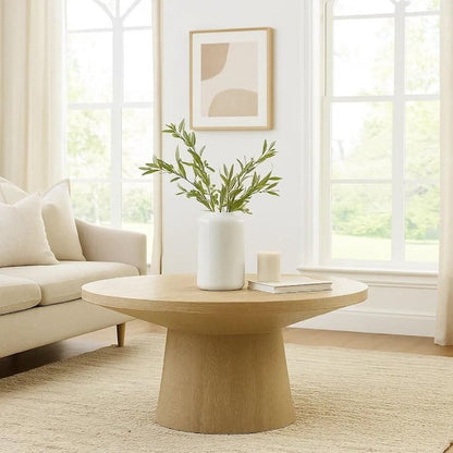Kily Coffee Table, Pedestal Base, 29 Inch Round Top in Oak Brown