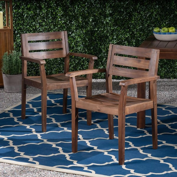 Outdoor Dining Chair Set of 4, Slatted Brown Acacia Wood, Gray Fabric