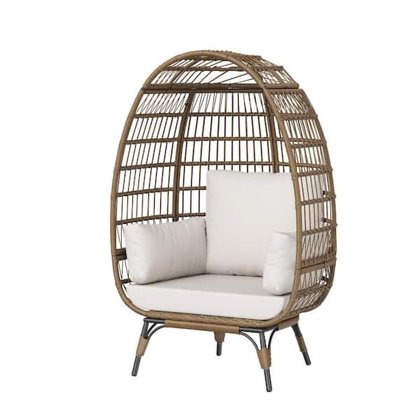 Swivel Outdoor Egg Chair, Brown PE Woven Rattan, Iron, Beige Polyester