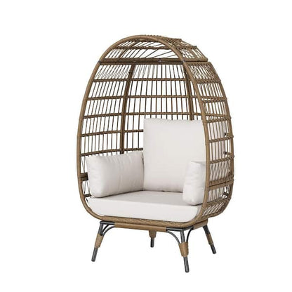 Swivel Outdoor Egg Chair, Brown PE Woven Rattan, Iron, Beige Polyester