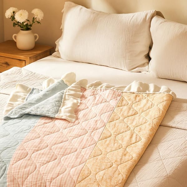 Tisy 50x60 Ruffle Throw Blanket, Cotton, Polyester, Pastel Stripes