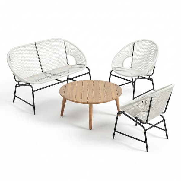 Sanu Outdoor Accent Chair Set of 2, White PE Rattan, Black Iron, Round Back