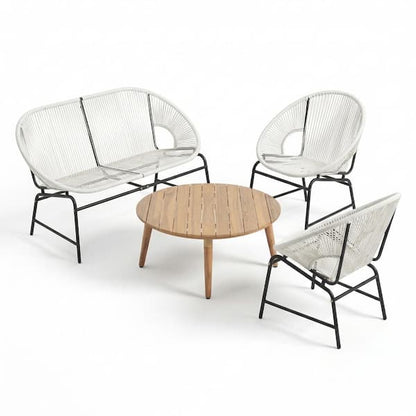 Sanu Outdoor Accent Chair Set of 2, White PE Rattan, Black Iron, Round Back