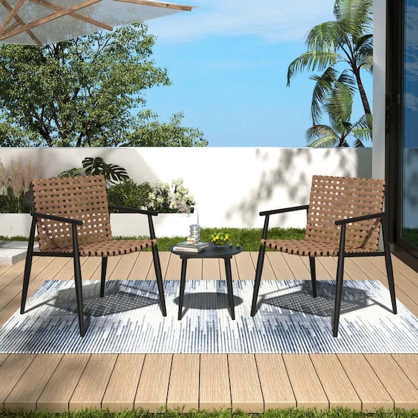 Tee Outdoor Conversation Chair Set of 2, Gray Rattan, Black Metal