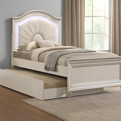 Jisoo Full Size Bed, Pearl White Upholstery, Radial Arch Headboard