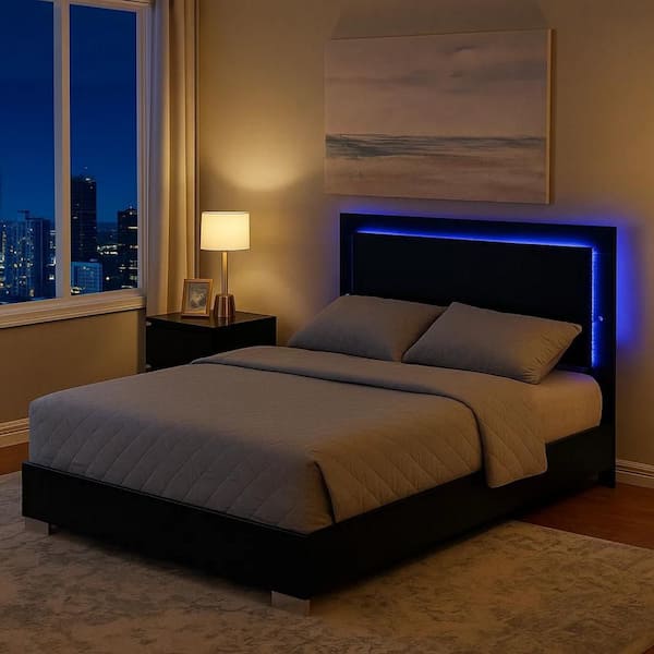 Suni Queen Size Bed w LED on Headboard, White Wood Frame, Chrome Legs