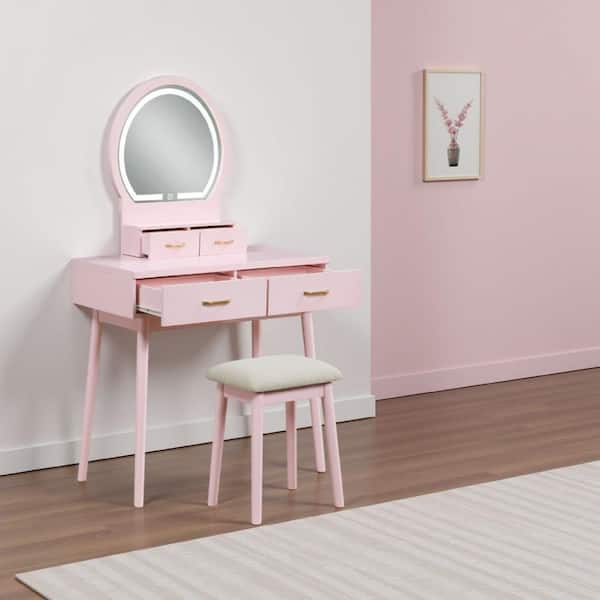 Anvy Vanity Desk Set with Mirror and Stool, 4 Drawers, Pink Wood