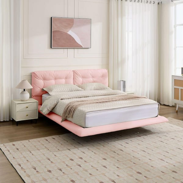 Legy Queen Size Bed, Button Tufted Black Faux Leather Upholstery